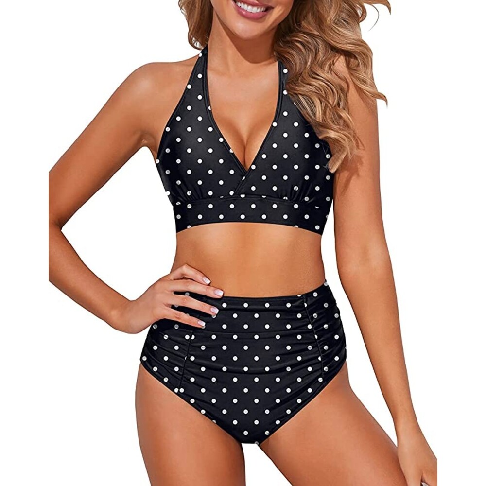 Tempt Me Polka Dot Halter Push Up High Waisted Swimsuit Sz L